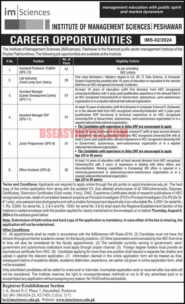 IM Sciences Peshawar Jobs 2024 