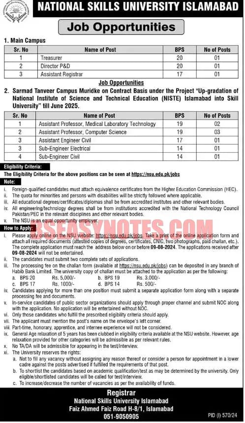 National Skilled University Islamabad NSU Jobs 2024