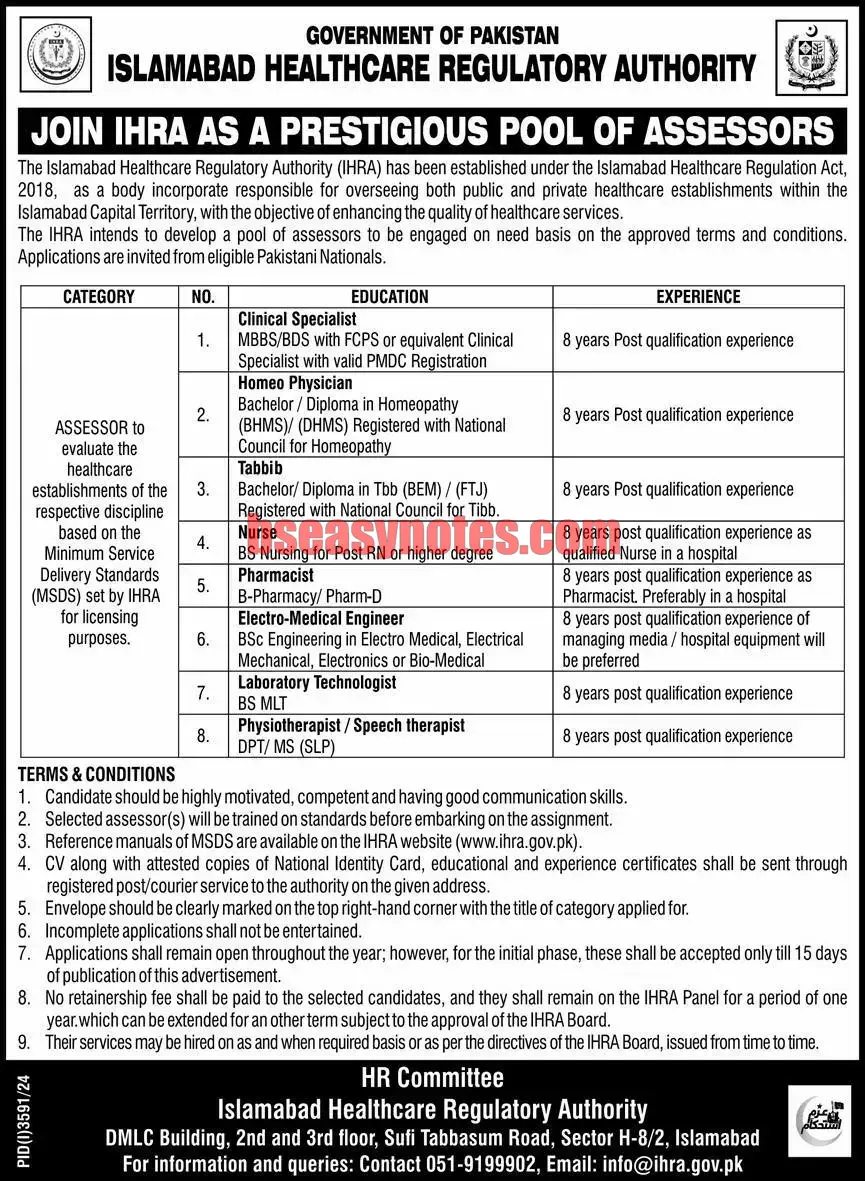 Islamabad Healthcare Regulatory Authority IHRA 2024 Jobs Advertisement