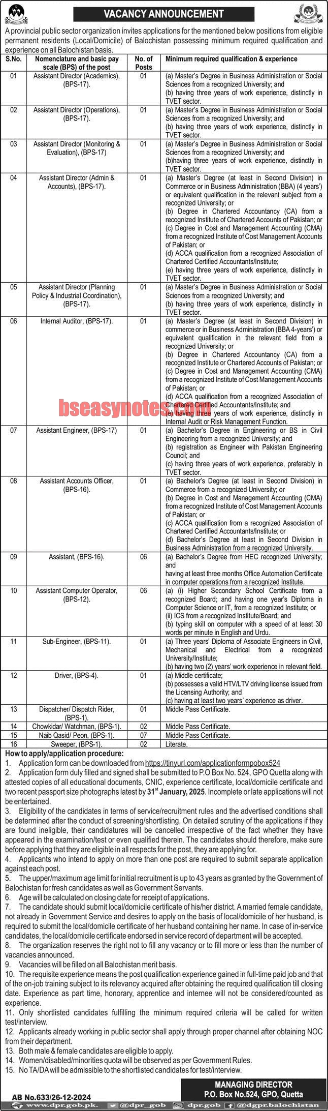 Provincial Public Sector Organization Jobs 2024