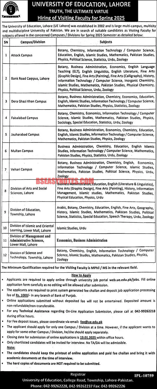 University of Education Lahore Jobs 2024