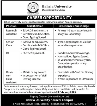 Bahria University Karachi Campus Jobs 2025